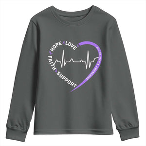 Alzheimers Awareness Heart Heartbeat Purple Ribbon Youth Sweatshirt Hope Love Faith Support