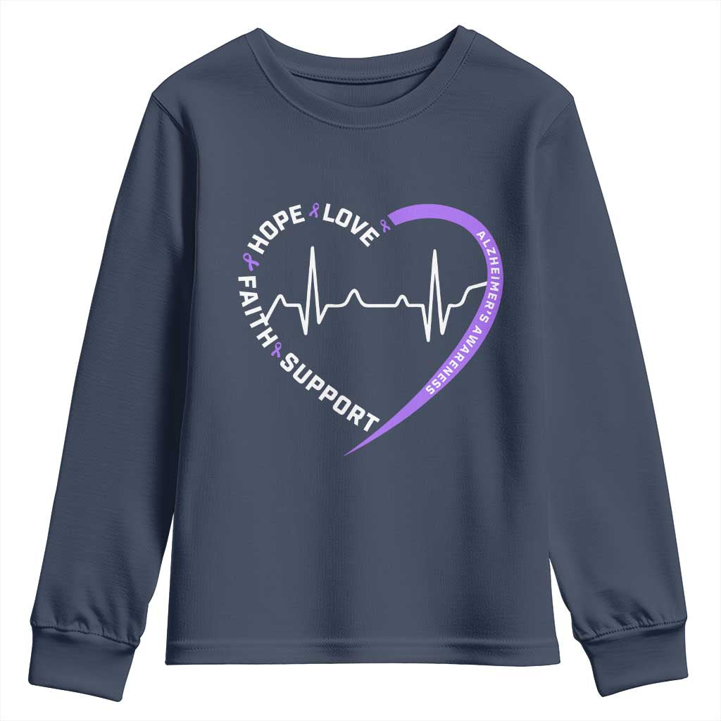 Alzheimers Awareness Heart Heartbeat Purple Ribbon Youth Sweatshirt Hope Love Faith Support