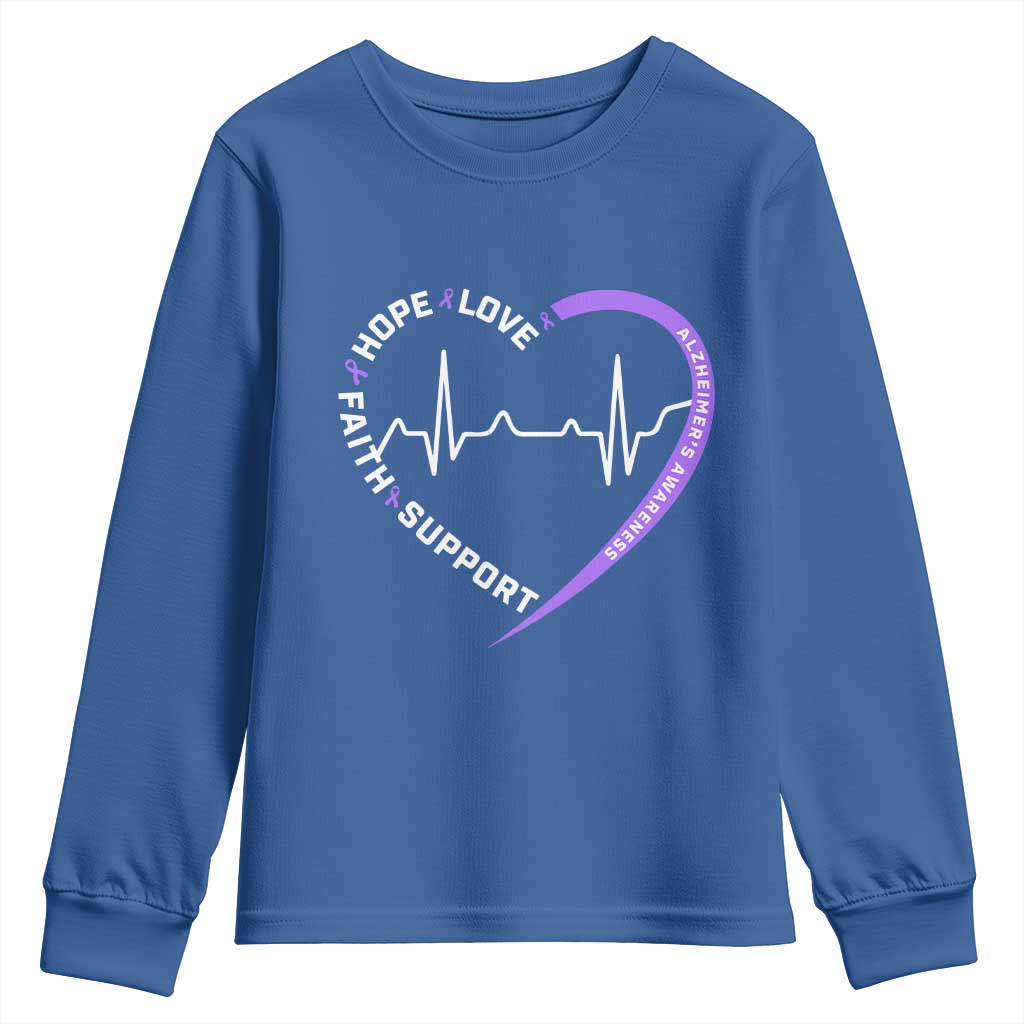 Alzheimers Awareness Heart Heartbeat Purple Ribbon Youth Sweatshirt Hope Love Faith Support