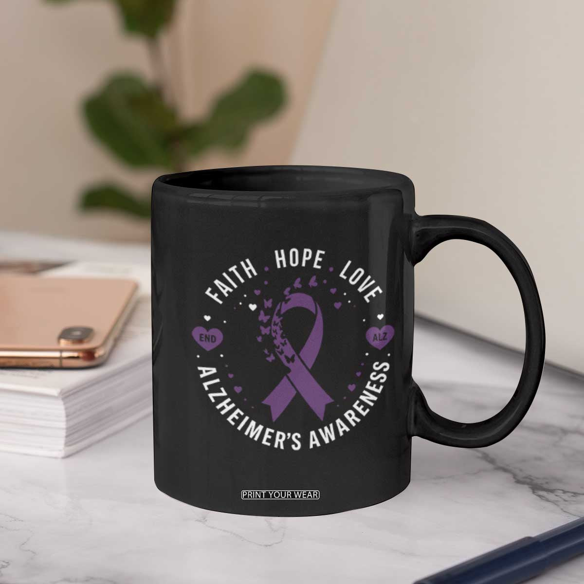 Faith Hope Love Purple Ribbon Coffee Mug End Alzheimers Butterfly Graphic