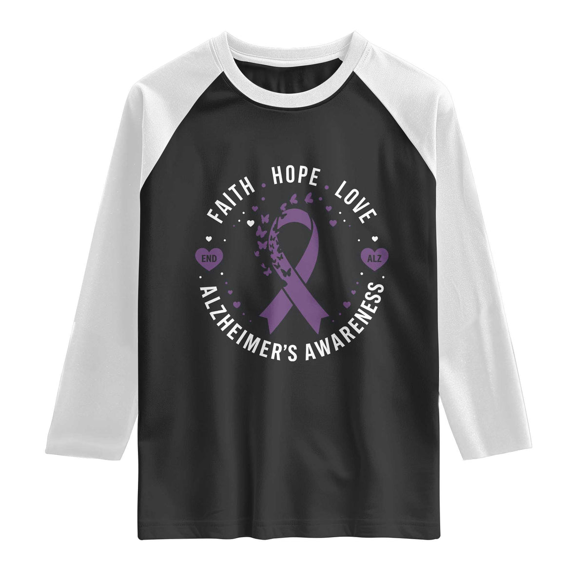 Faith Hope Love Purple Ribbon Raglan Shirt End Alzheimers Butterfly Graphic