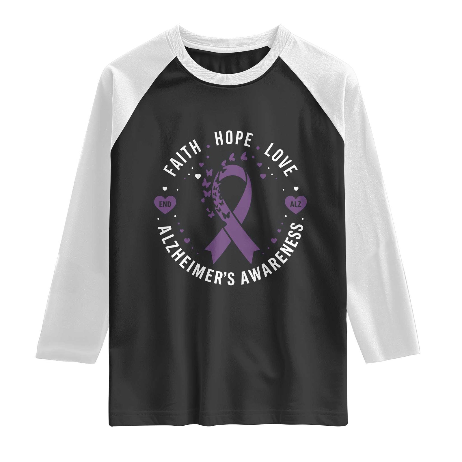 Faith Hope Love Purple Ribbon Raglan Shirt End Alzheimers Butterfly Graphic TS12 Black White Print Your Wear