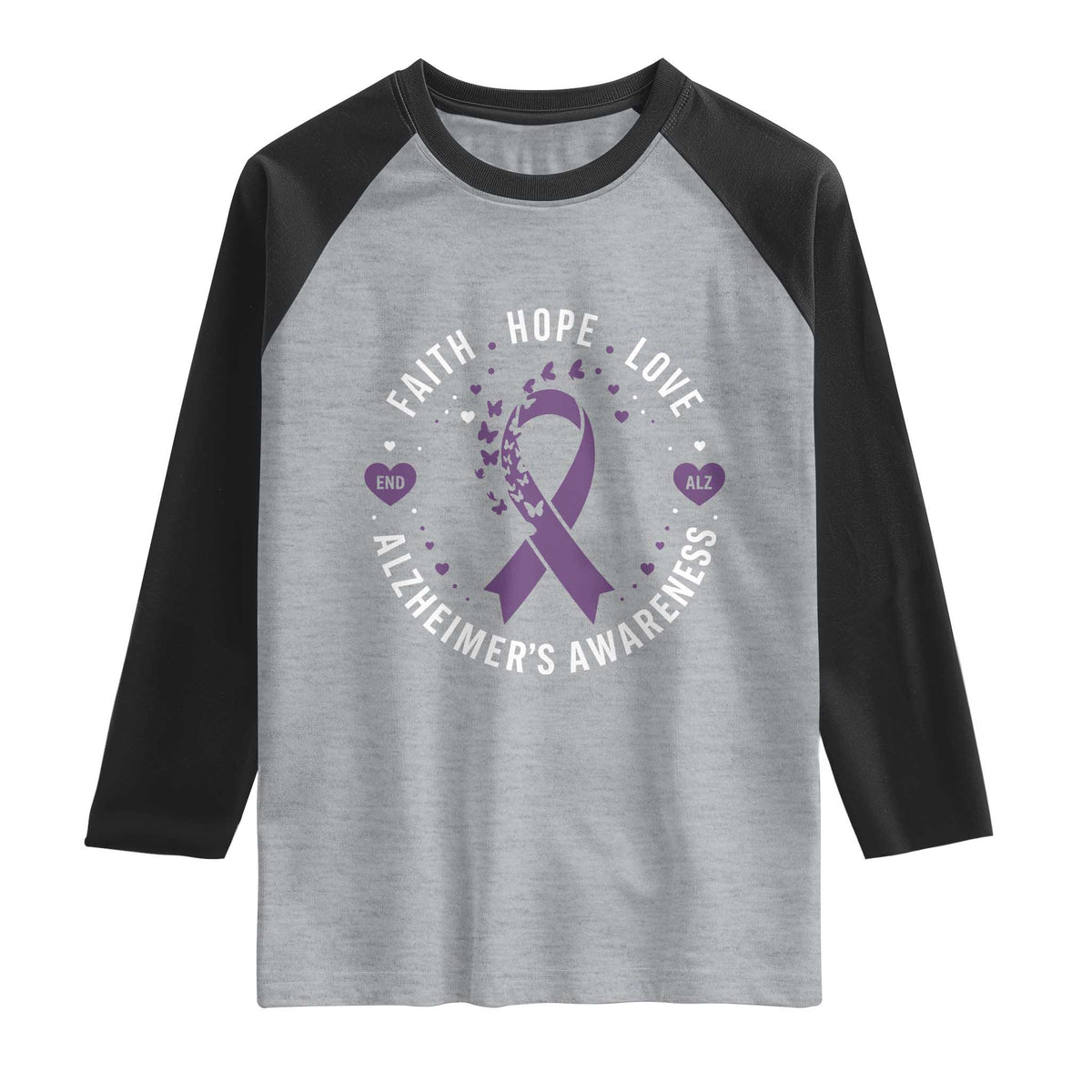 Faith Hope Love Purple Ribbon Raglan Shirt End Alzheimers Butterfly Graphic