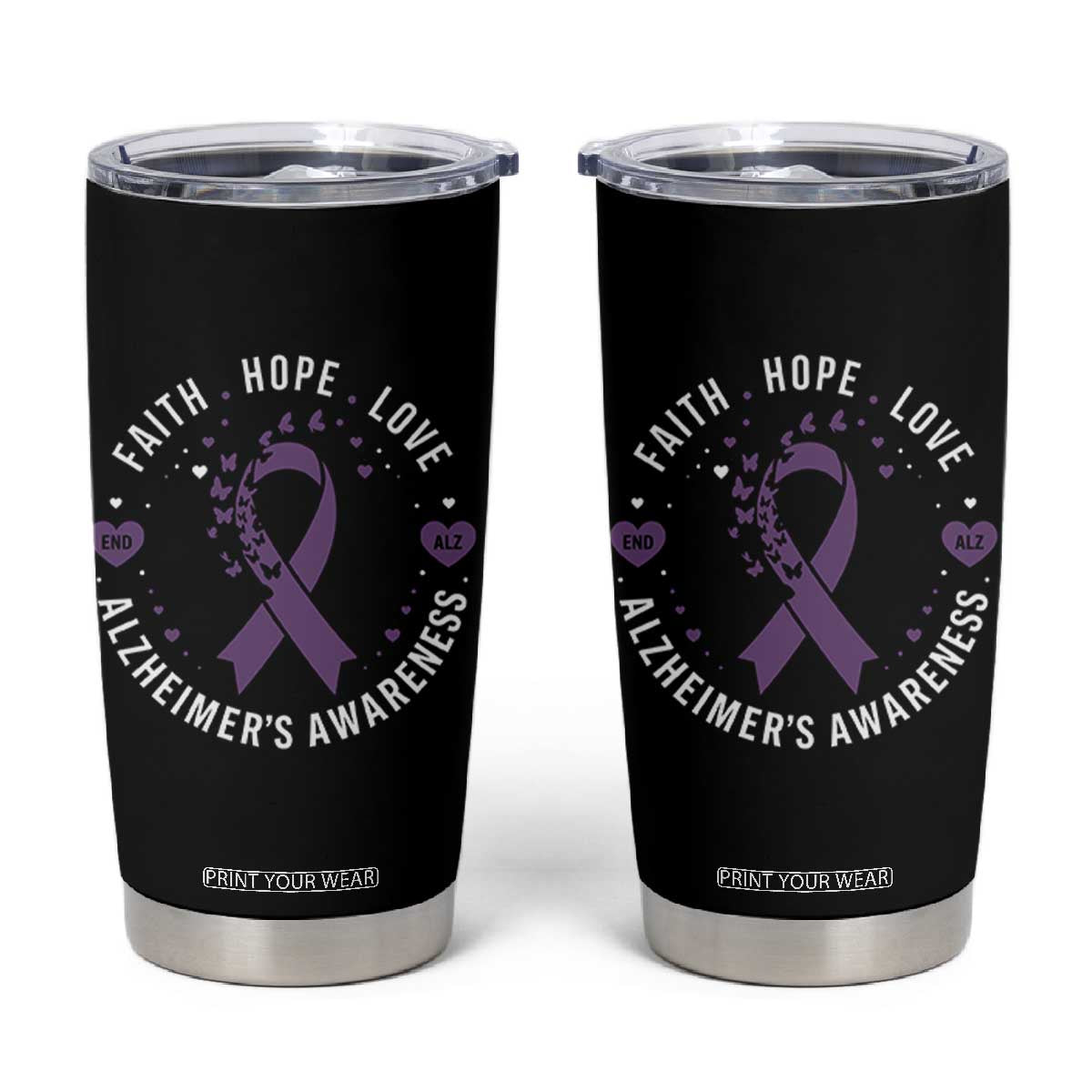 Faith Hope Love Purple Ribbon Tumbler Cup End Alzheimers Butterfly Graphic