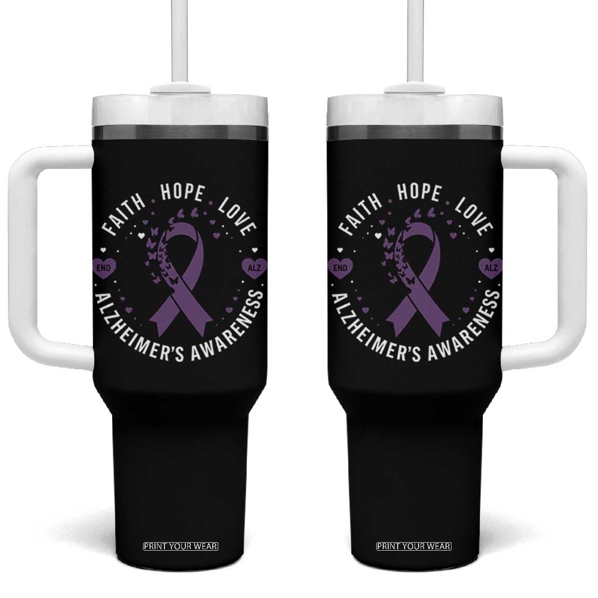 Faith Hope Love Purple Ribbon Tumbler With Handle End Alzheimers Butterfly Graphic