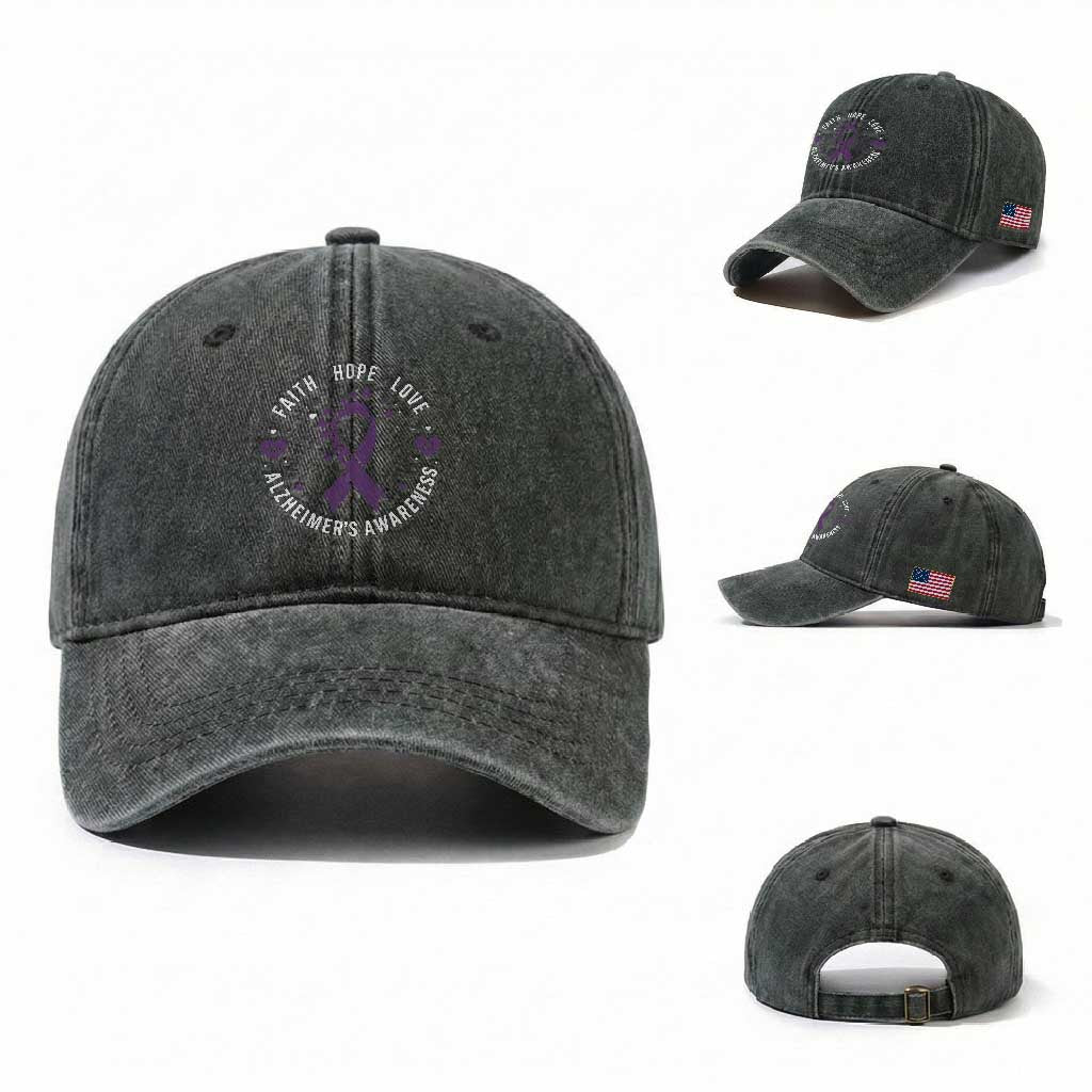 Faith Hope Love Purple Ribbon Washed Cotton Baseball Cap End Alzheimers Butterfly Graphic