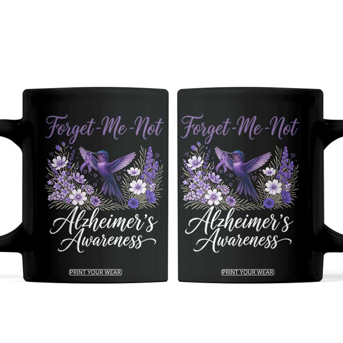 Forget Me Not Alzheimers Awareness Coffee Mug Hummingbird Purple Ribbon Floral TS12 Black Print Your Wear