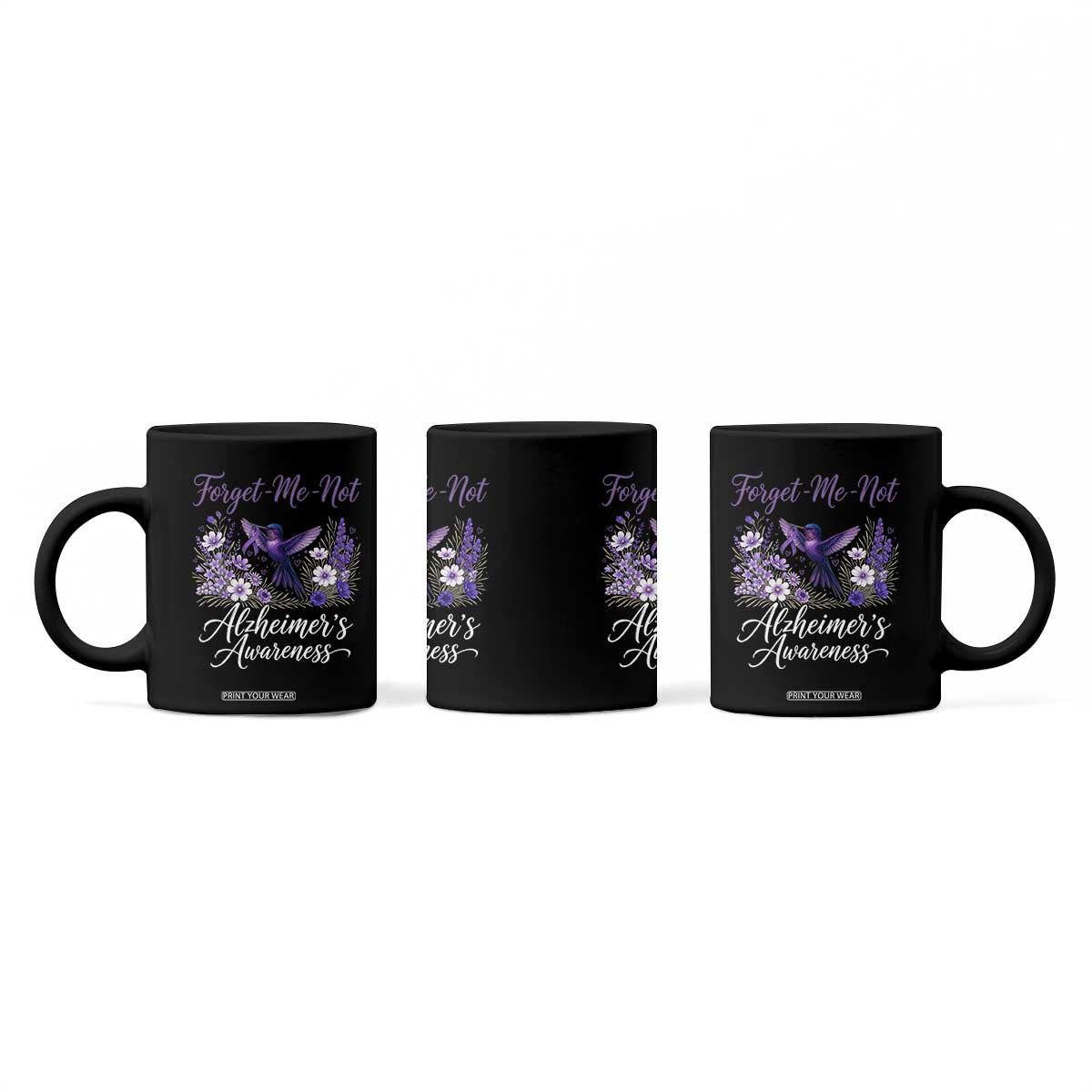 Forget Me Not Alzheimers Awareness Coffee Mug Hummingbird Purple Ribbon Floral
