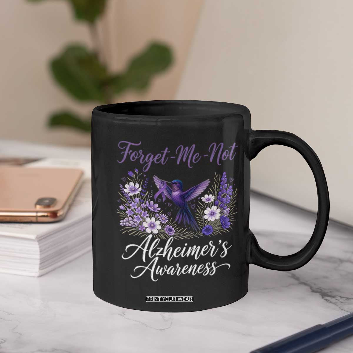 Forget Me Not Alzheimers Awareness Coffee Mug Hummingbird Purple Ribbon Floral