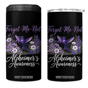 Forget Me Not Alzheimers Awareness 4 in 1 Can Cooler Tumbler Hummingbird Purple Ribbon Floral