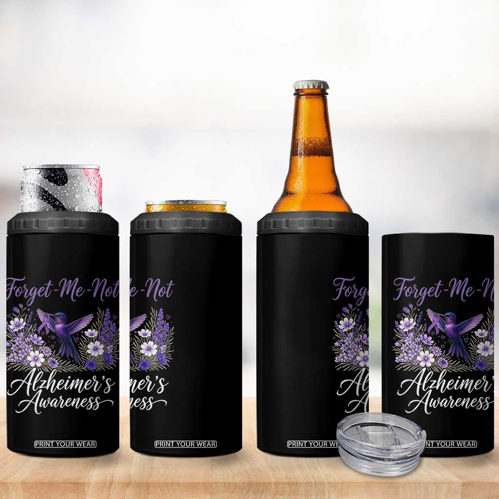 Forget Me Not Alzheimers Awareness 4 in 1 Can Cooler Tumbler Hummingbird Purple Ribbon Floral