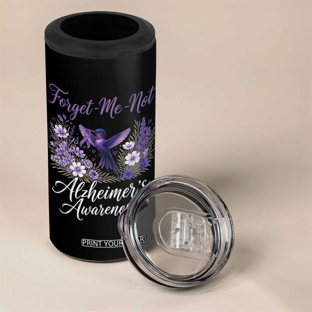 Forget Me Not Alzheimers Awareness 4 in 1 Can Cooler Tumbler Hummingbird Purple Ribbon Floral