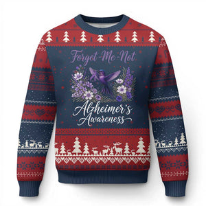 Forget Me Not Alzheimers Awareness Ugly Christmas Sweater Hummingbird Purple Ribbon Floral
