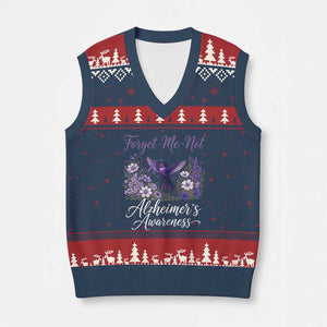 Forget Me Not Alzheimers Awareness V-Neck Knit Sweater Vest Hummingbird Purple Ribbon Floral