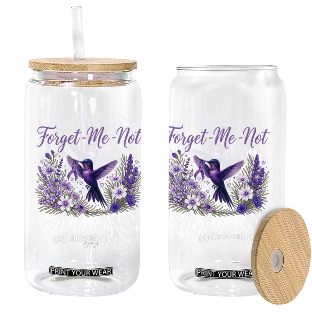 Forget Me Not Alzheimers Awareness Glass Can Hummingbird Purple Ribbon Floral