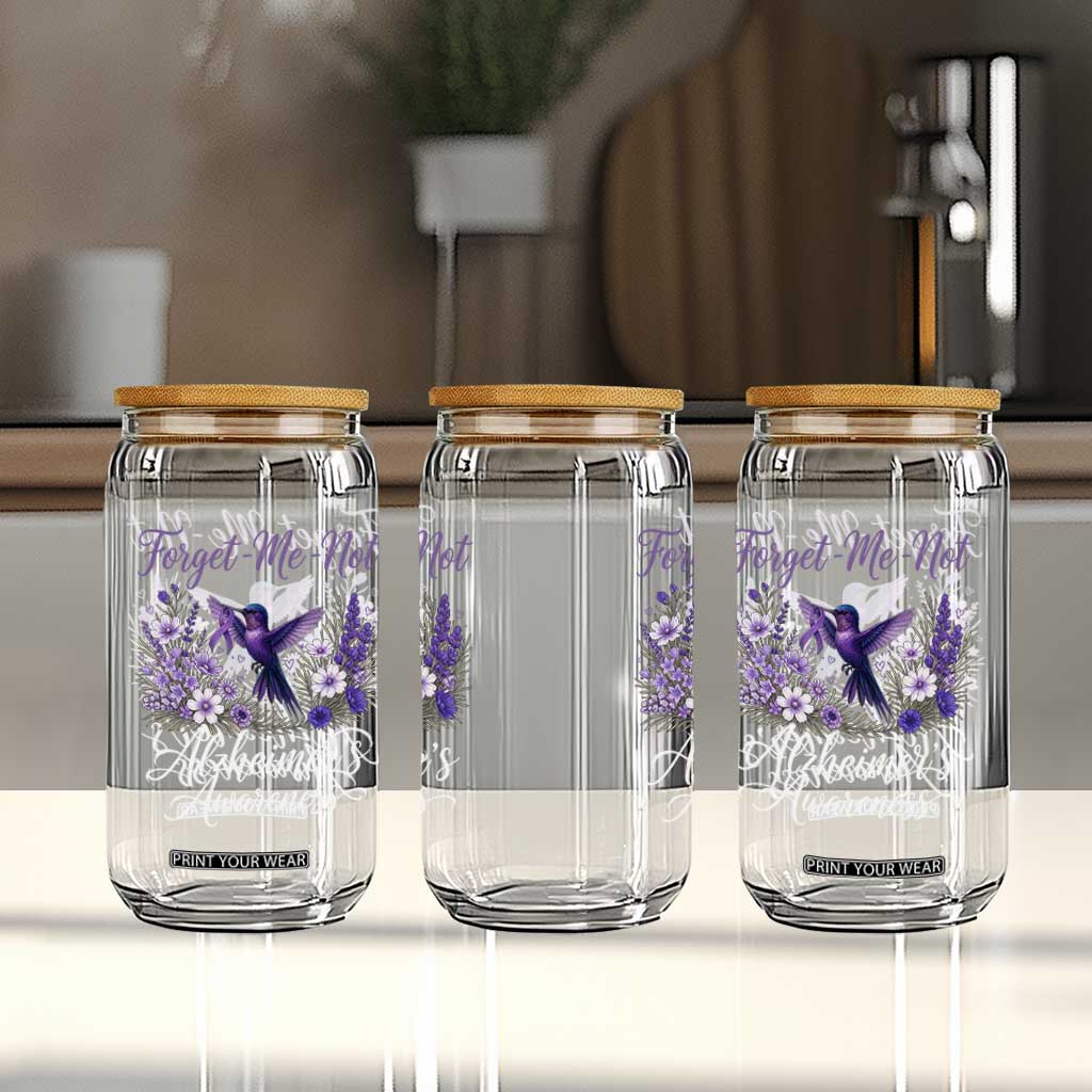 Forget Me Not Alzheimers Awareness Glass Can Hummingbird Purple Ribbon Floral
