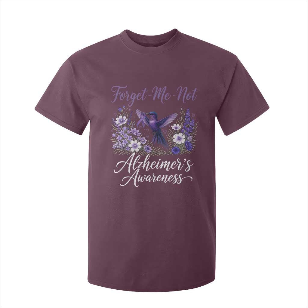 Forget Me Not Alzheimers Awareness T Shirt For Kid Hummingbird Purple Ribbon Floral
