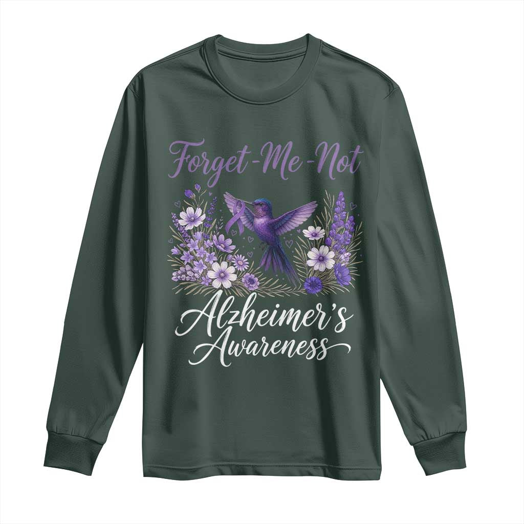 Forget Me Not Alzheimers Awareness Long Sleeve Shirt Hummingbird Purple Ribbon Floral