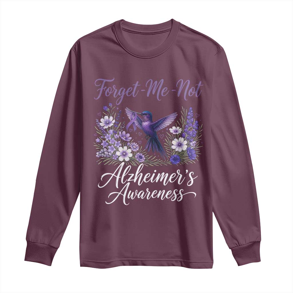 Forget Me Not Alzheimers Awareness Long Sleeve Shirt Hummingbird Purple Ribbon Floral