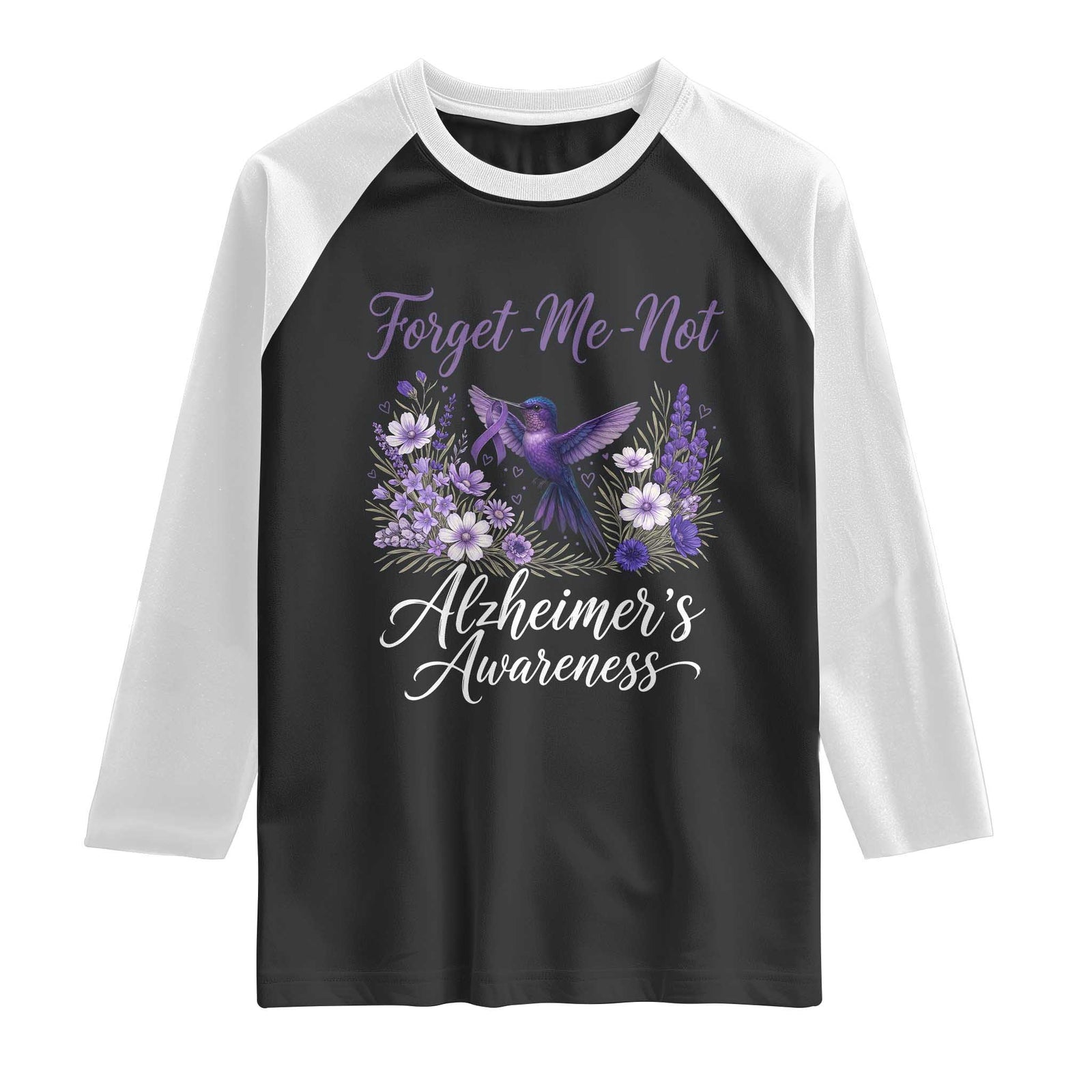 Forget Me Not Alzheimers Awareness Raglan Shirt Hummingbird Purple Ribbon Floral TS12 Black White Print Your Wear