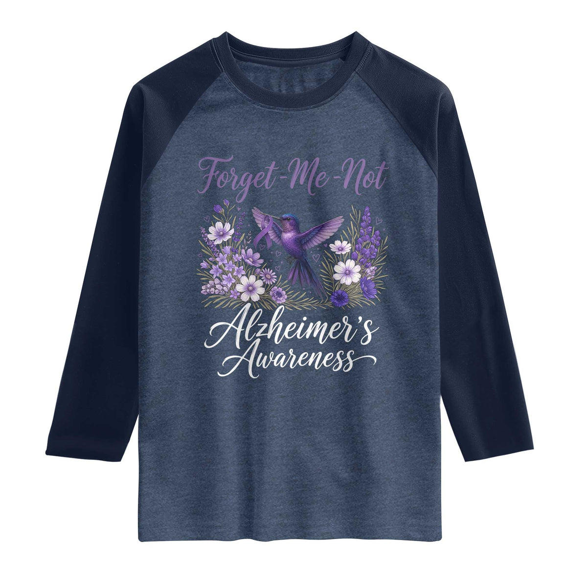 Forget Me Not Alzheimers Awareness Raglan Shirt Hummingbird Purple Ribbon Floral