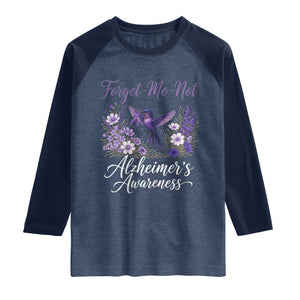 Forget Me Not Alzheimers Awareness Raglan Shirt Hummingbird Purple Ribbon Floral