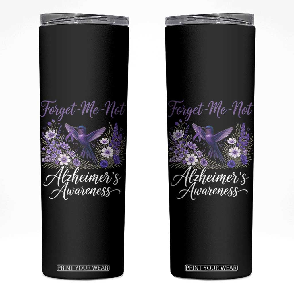 Forget Me Not Alzheimers Awareness Skinny Tumbler Hummingbird Purple Ribbon Floral TS12 Black Print Your Wear