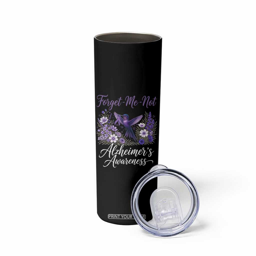 Forget Me Not Alzheimers Awareness Skinny Tumbler Hummingbird Purple Ribbon Floral