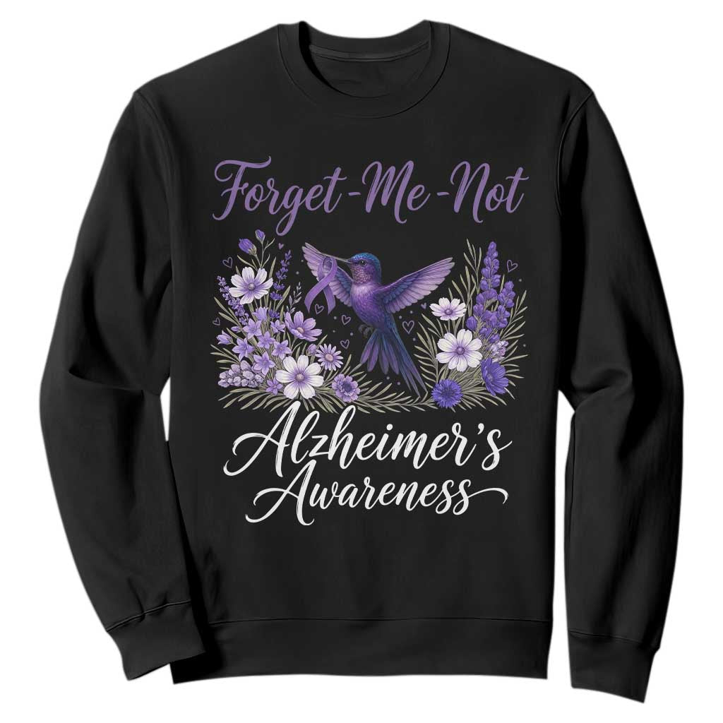 Forget Me Not Alzheimers Awareness Sweatshirt Hummingbird Purple Ribbon Floral