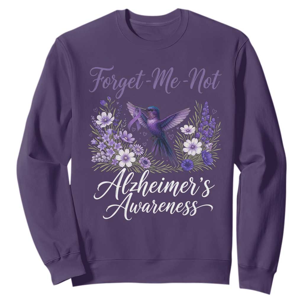 Forget Me Not Alzheimers Awareness Sweatshirt Hummingbird Purple Ribbon Floral