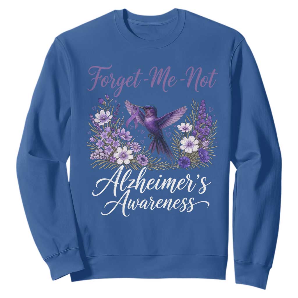 Forget Me Not Alzheimers Awareness Sweatshirt Hummingbird Purple Ribbon Floral