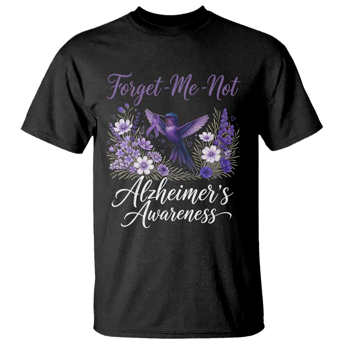 Forget Me Not Alzheimers Awareness T Shirt Hummingbird Purple Ribbon Floral