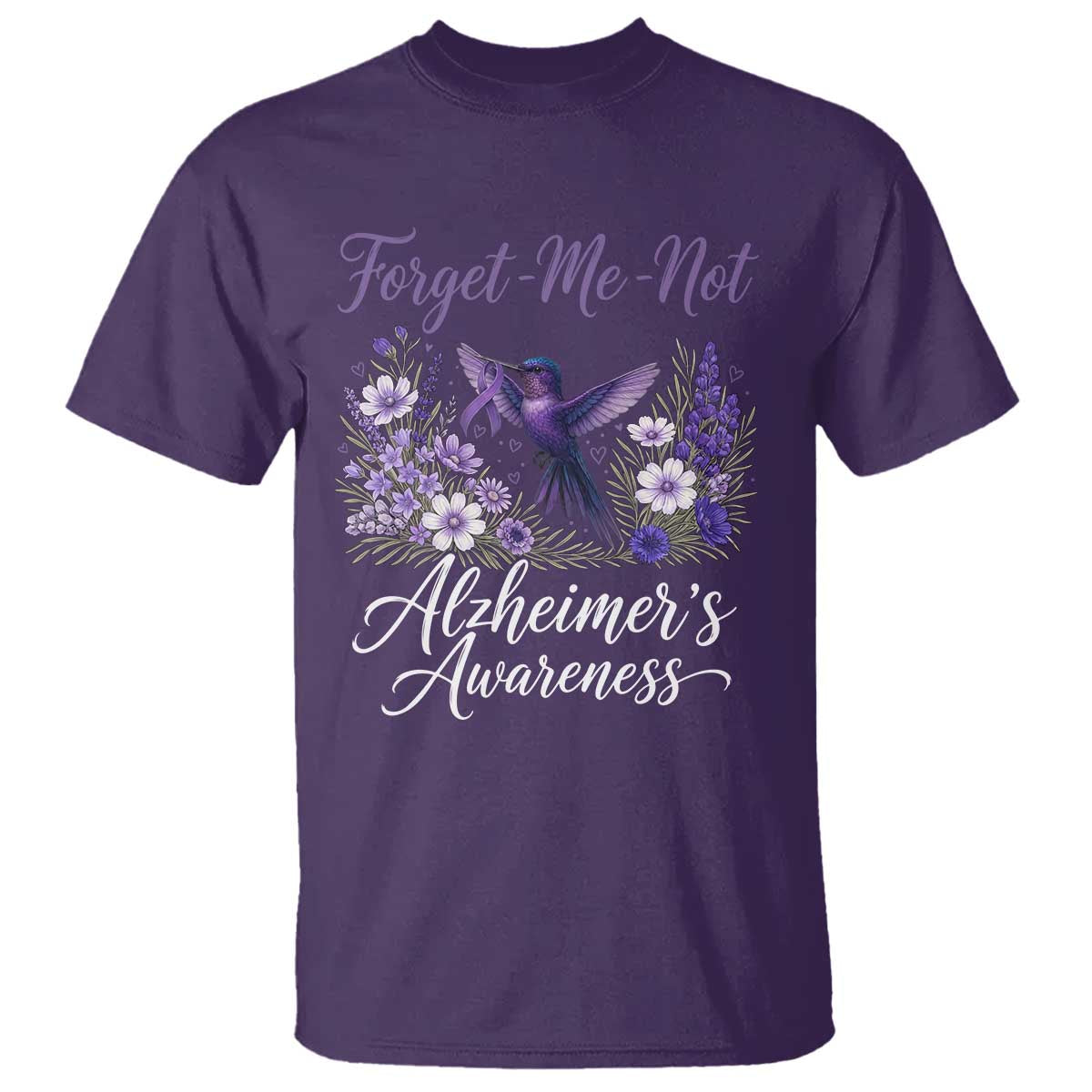 Forget Me Not Alzheimers Awareness T Shirt Hummingbird Purple Ribbon Floral TS12 Purple Print Your Wear