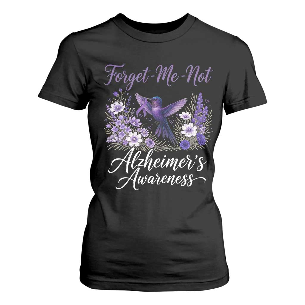 Forget Me Not Alzheimers Awareness T Shirt For Women Hummingbird Purple Ribbon Floral