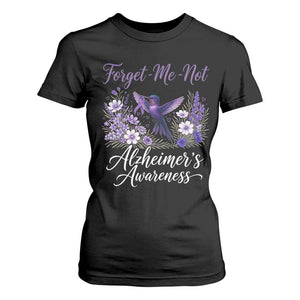Forget Me Not Alzheimers Awareness T Shirt For Women Hummingbird Purple Ribbon Floral