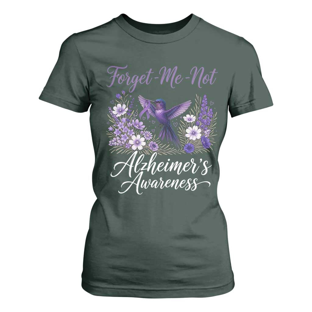Forget Me Not Alzheimers Awareness T Shirt For Women Hummingbird Purple Ribbon Floral