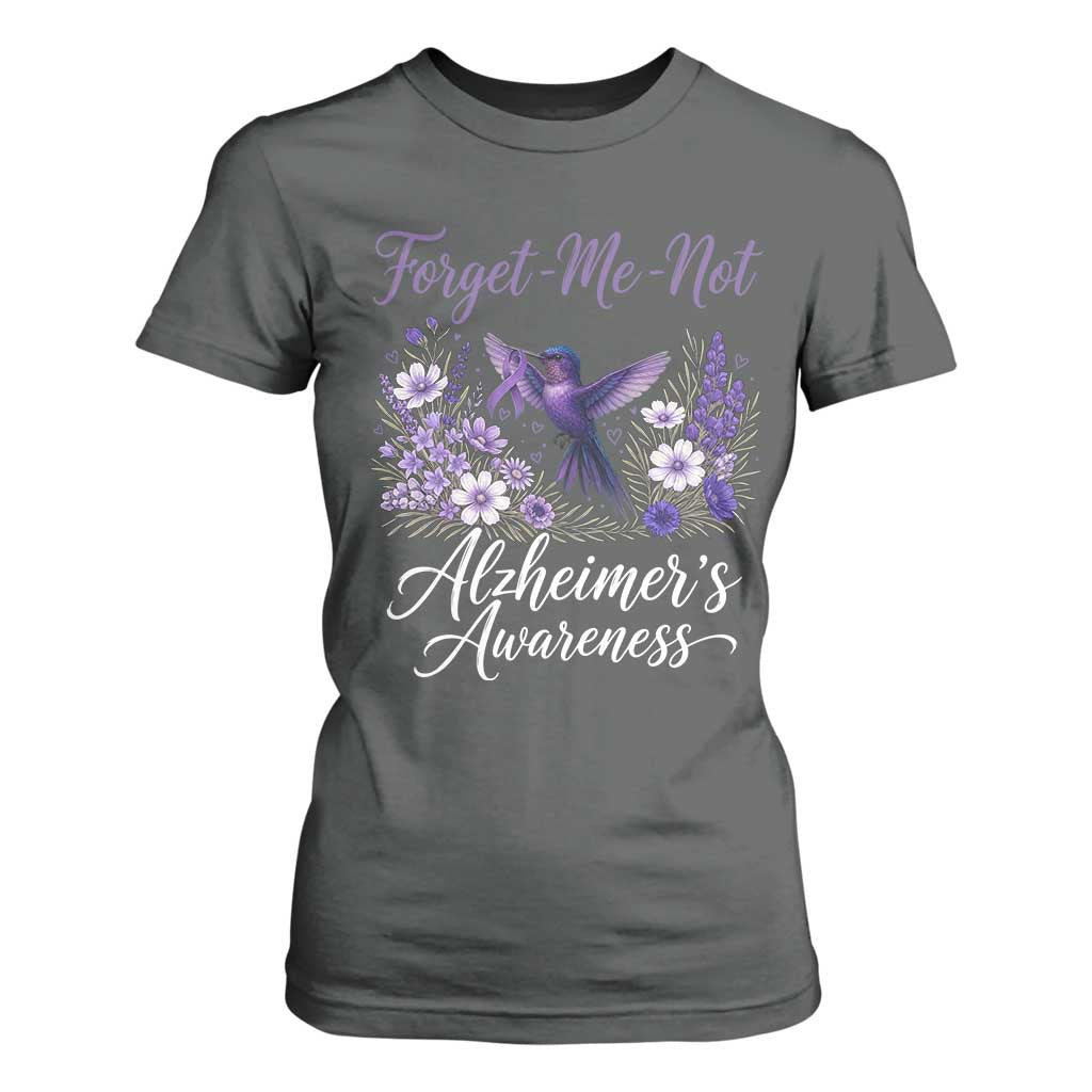 Forget Me Not Alzheimers Awareness T Shirt For Women Hummingbird Purple Ribbon Floral