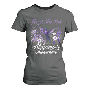 Forget Me Not Alzheimers Awareness T Shirt For Women Hummingbird Purple Ribbon Floral