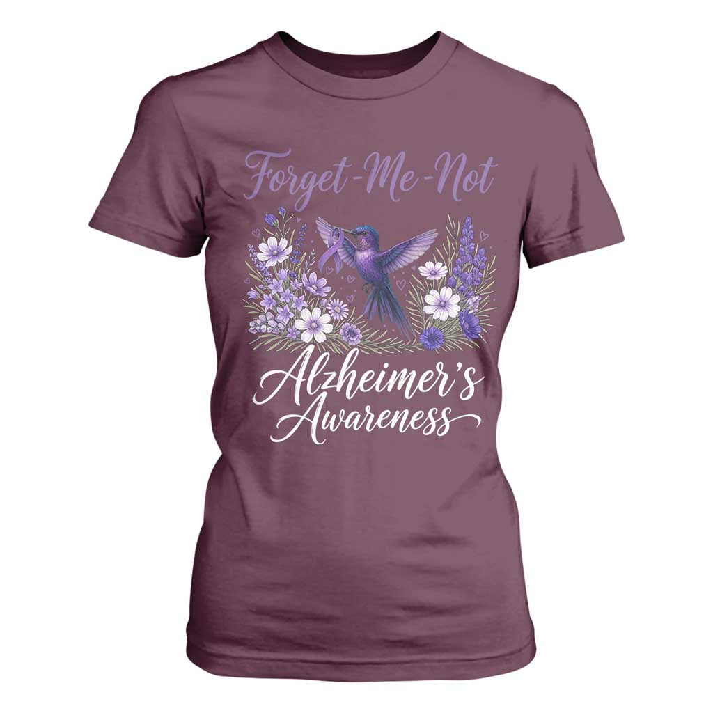 Forget Me Not Alzheimers Awareness T Shirt For Women Hummingbird Purple Ribbon Floral