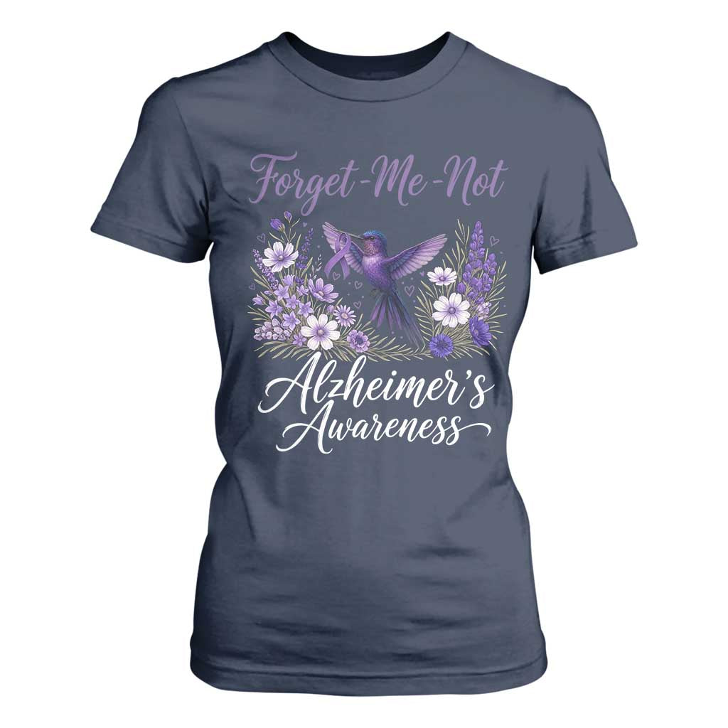 Forget Me Not Alzheimers Awareness T Shirt For Women Hummingbird Purple Ribbon Floral