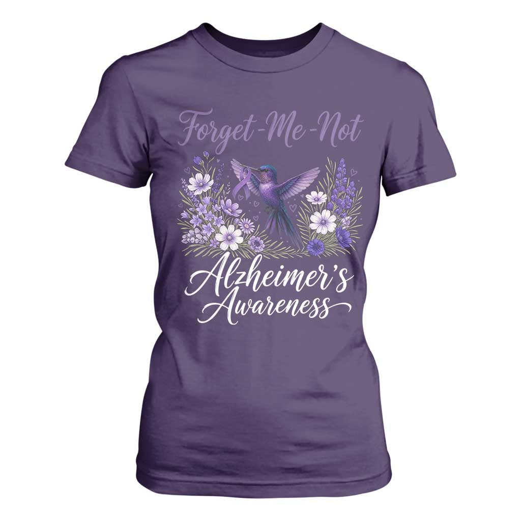 Forget Me Not Alzheimers Awareness T Shirt For Women Hummingbird Purple Ribbon Floral