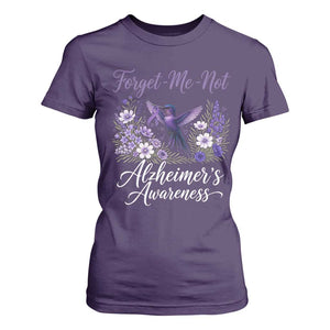 Forget Me Not Alzheimers Awareness T Shirt For Women Hummingbird Purple Ribbon Floral