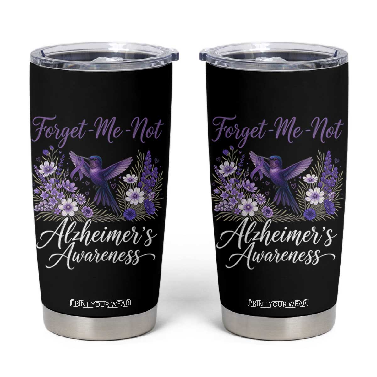 Forget Me Not Alzheimers Awareness Tumbler Cup Hummingbird Purple Ribbon Floral TS12 Black Print Your Wear