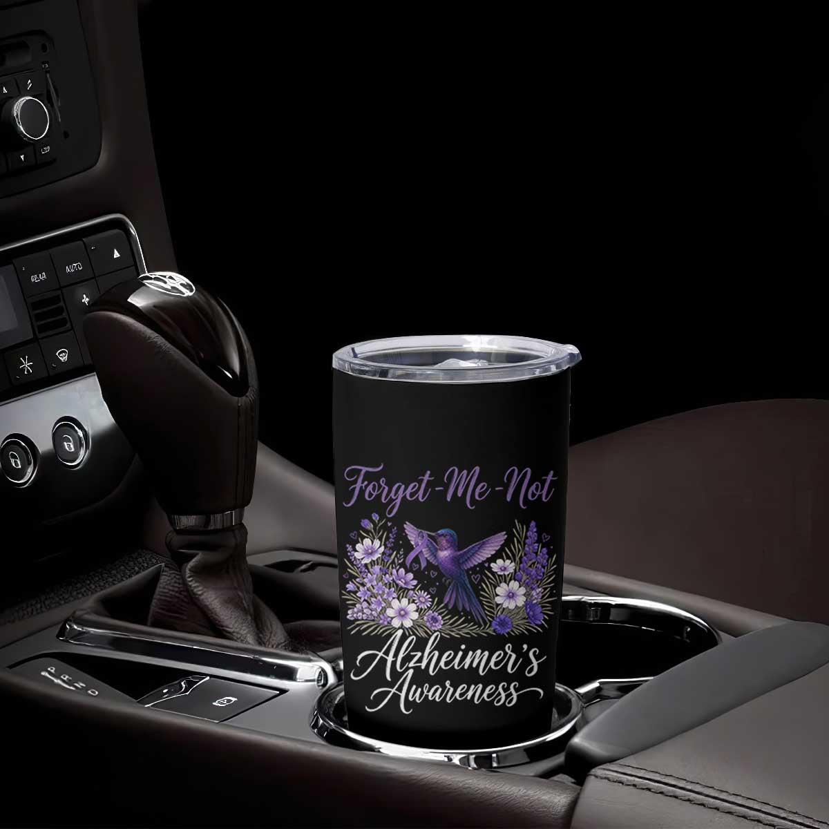 Forget Me Not Alzheimers Awareness Tumbler Cup Hummingbird Purple Ribbon Floral