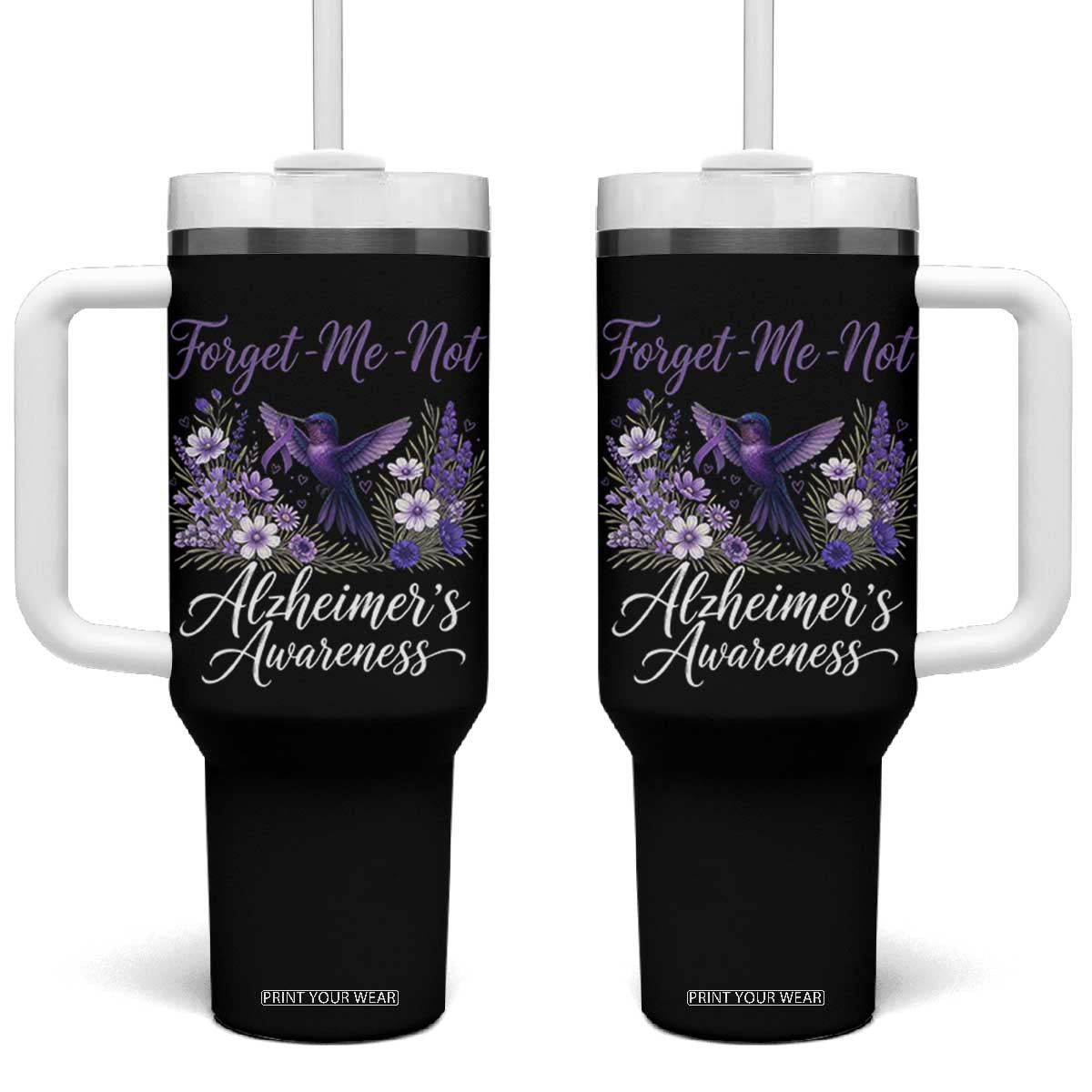 Forget Me Not Alzheimers Awareness Tumbler With Handle Hummingbird Purple Ribbon Floral TS12 One Size: 40 oz Black Print Your Wear