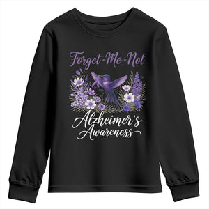 Forget Me Not Alzheimers Awareness Youth Sweatshirt Hummingbird Purple Ribbon Floral