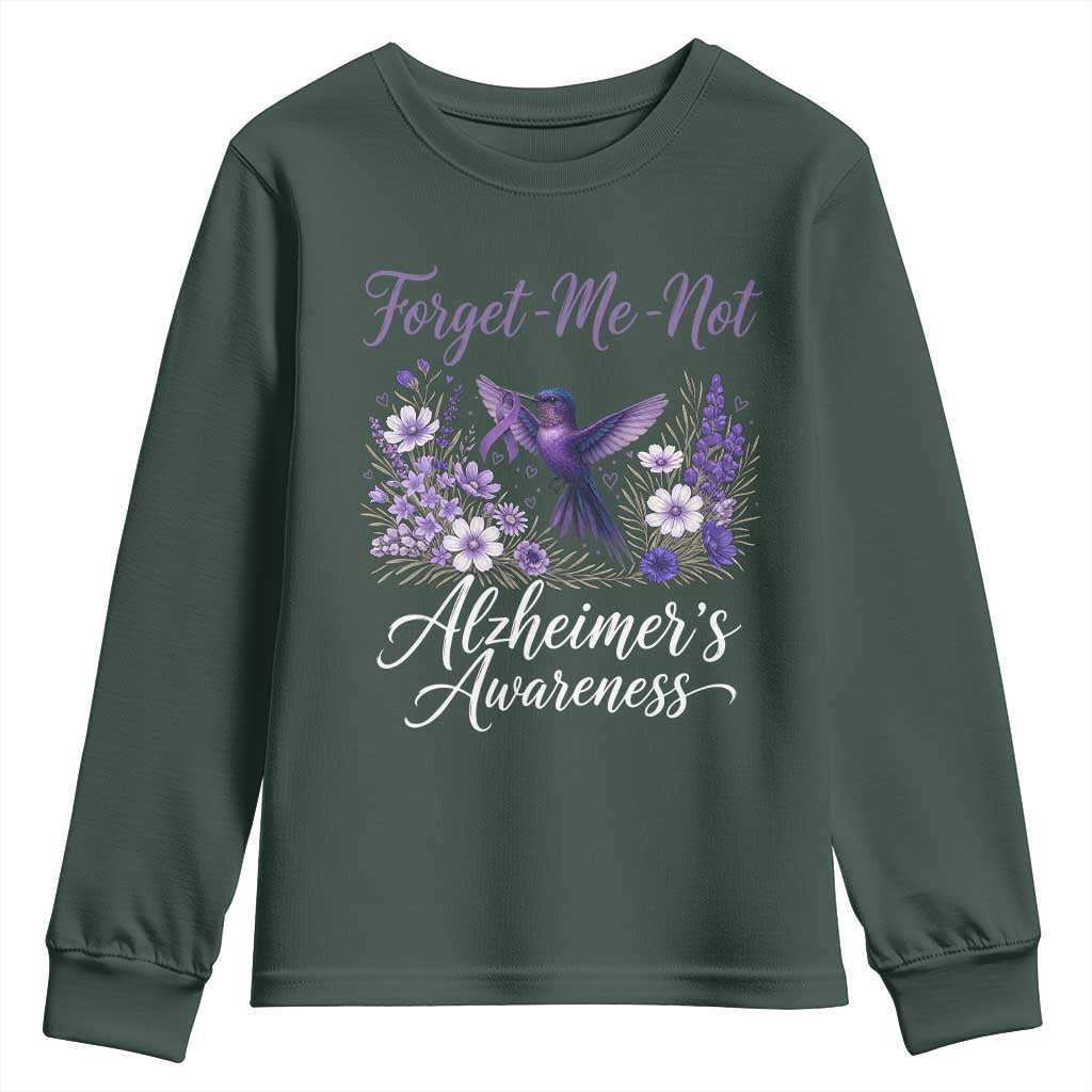 Forget Me Not Alzheimers Awareness Youth Sweatshirt Hummingbird Purple Ribbon Floral