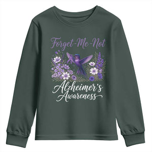 Forget Me Not Alzheimers Awareness Youth Sweatshirt Hummingbird Purple Ribbon Floral