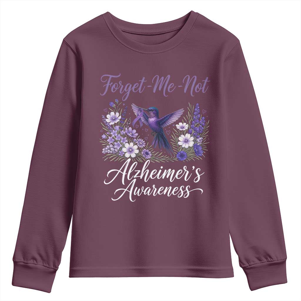 Forget Me Not Alzheimers Awareness Youth Sweatshirt Hummingbird Purple Ribbon Floral