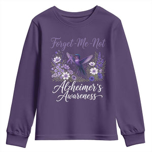 Forget Me Not Alzheimers Awareness Youth Sweatshirt Hummingbird Purple Ribbon Floral